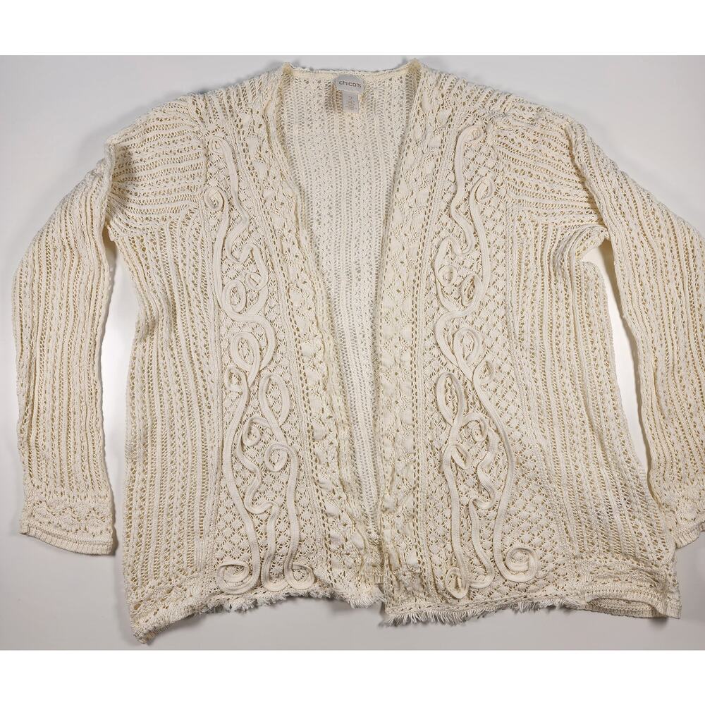 Chico's Cream Crochet Open Cardigan Boho Lace Cotton Size‎ 2 - Picture 2 of 10